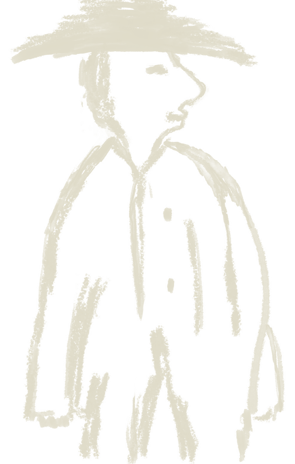 Tuschezeichnung einer kleinen Zeitreisenden-Figur mit Reisighut